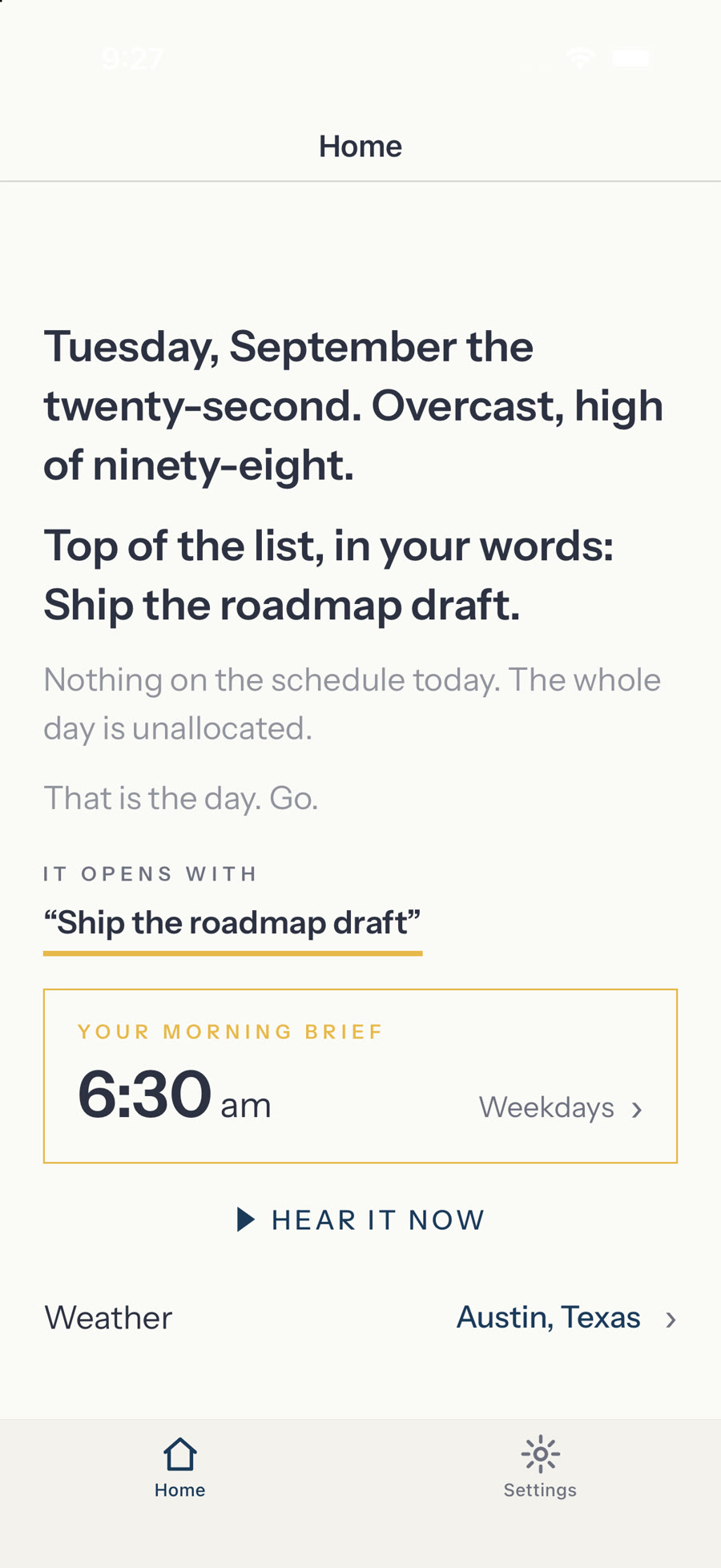 DayBrief home screen showing the morning brief and the alarm time